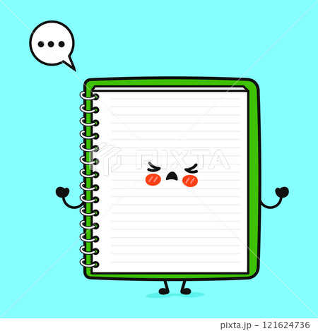 Angry Note pad character. Vector hand drawn cartoon kawaii character illustration icon. Isolated on blue background. Sad Note pad character concept 121624736
