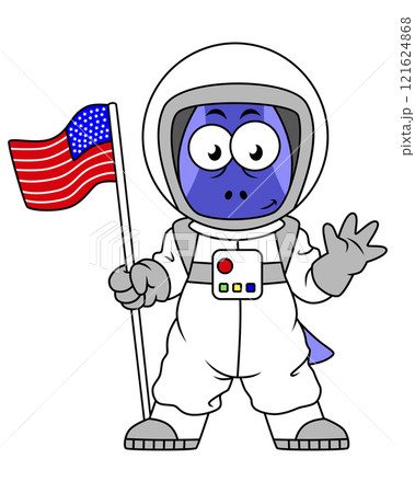 Illustration of a Parasaurolophus astronaut holding American Flag. 121624868
