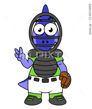 Illustration of a Parasaurolophus baseball catcher. 121624869