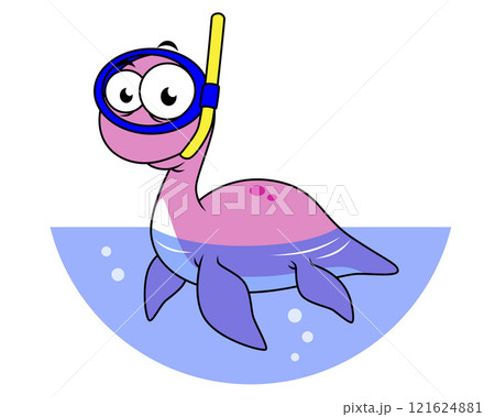 Illustration of a snorkeling Loch Ness Monster. 121624881