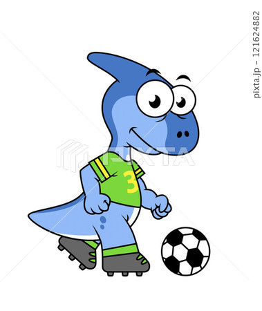 Cute illustration of a Parasaurolophus playing soccer. 121624882