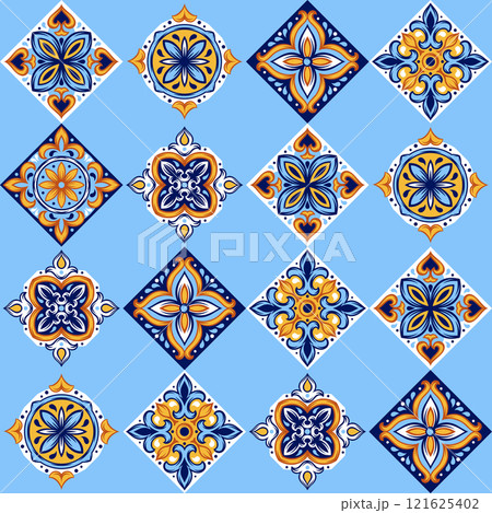 Portuguese ceramic tile pattern. Mediterranean traditional ornament. Italian or spanish majolica. 121625402