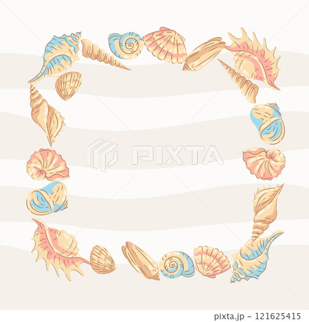 Frame with seashells. Tropical underwater mollusk shells illustration. Frame with seashells. Tropical underwater mollusk shells illustration. 121625415