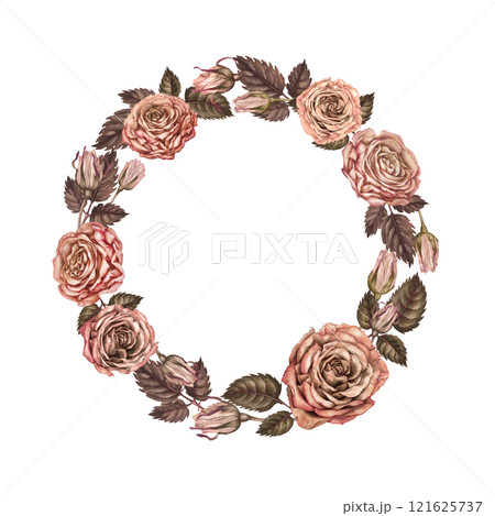 Frame of roses in a trendy mocha mousse color. Pink-brown wreath. Round template for wedding, Valentine's Day, mother's day, women's day, gift, textile, tableware, card, print, stickers, scrapbook 121625737