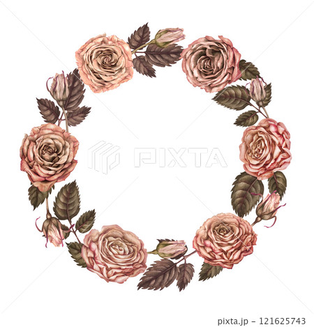 Frame of roses in a trendy mocha mousse color. Pink-brown wreath. Round template for wedding, Valentine's Day, mother's day, women's day, gift, textile, tableware, card, print, stickers, scrapbook 121625743