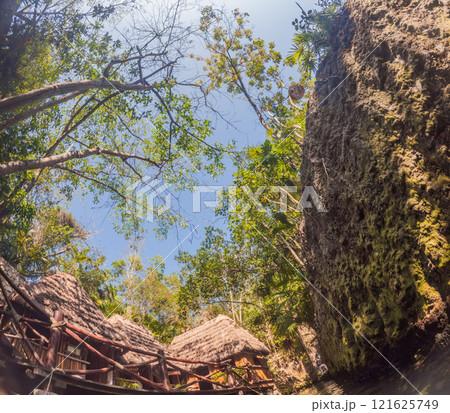 Scenic cenote in Xcaret park surrounded by lush jungle. Natural beauty, eco-tourism, and adventure travel concept in Quintana Roo, Mexico 121625749