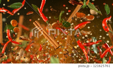 Freeze Motion of Flying Various Spices , Close-up 121625761