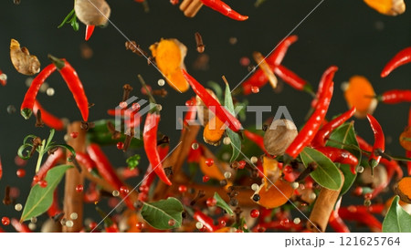 Freeze Motion of Flying Various Spices , Close-up Freeze Motion of Flying Various Spices , Close-up 121625764