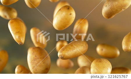 Freeze motion of flying early potatoes , Close-up 121625767