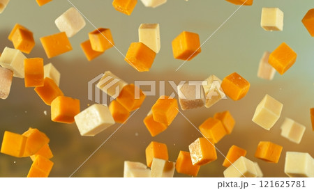 Freeze Motion of Flying Tasty Cheeses , close-up Freeze Motion of Flying Tasty Cheeses , close-up 121625781