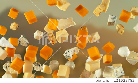 Freeze Motion of Flying Tasty Cheeses , close-up 121625783
