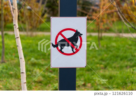 A clear warning sign stands in a lush outdoor space, featuring a graphic of a dog crossed out by a red circle A clear warning sign stands in a lush outdoor space, featuring a graphic of a dog crossed out by a red circle 121626110