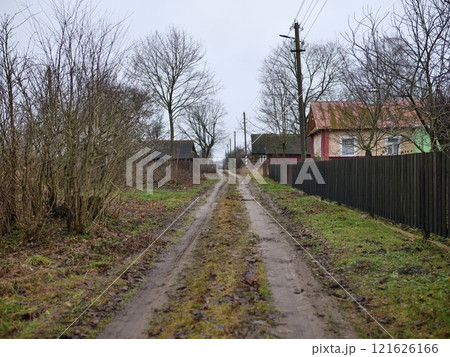 A serene dirt path, lined with majestic trees and charming houses, captures the essence of rural life A serene dirt path, lined with majestic trees and charming houses, captures the essence of rural life 121626166