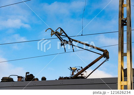 An electric train is seen above the platform, showcasing its sophisticated design and intricate rail network An electric train is seen above the platform, showcasing its sophisticated design and intricate rail network 121626234