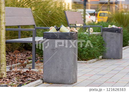 In a city park, two garbage bins overflow with trash and plastic bags. Nearby benches provide a resting spot for visitors amid greenery and paved walkways, highlighting waste management's importance In a city park, two garbage bins overflow with trash and plastic bags. Nearby benches provide a resting spot for visitors amid greenery and paved walkways, highlighting waste management's importance 121626383
