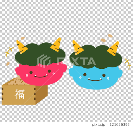 Red and blue demons and soybeans for bean-throwing. Vector illustration 121626395