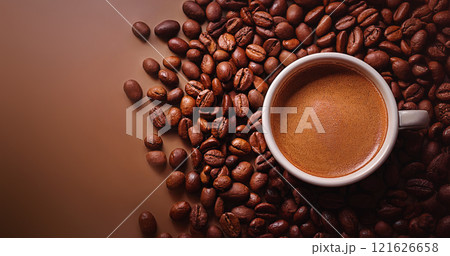 Mocha mousse creative background with copy space. Mochaccino coffee cup on the table surrounded by roasted beans. Color of the year 2025 in light brown shade with a mix of warm cacao tones 121626658