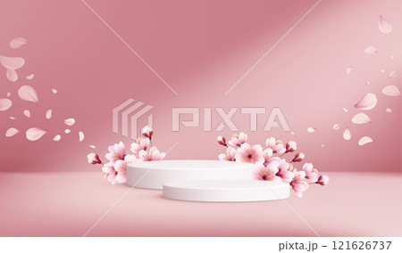 Pink Realistic Realistic Cherry Blossom Flowers Product Podium Scene. Vector Illustration 121626737