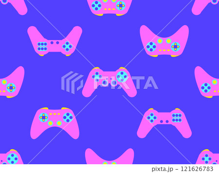 Joystick seamless pattern. Game controller for video games. Gamepad for retro game console in 80s - 90s style. Design for wallpapers, wrappers, covers and banners. Vector illustration 121626783