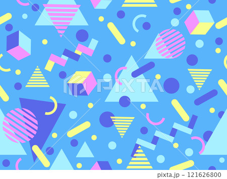 Geometric seamless pattern with memphis elements in 80s style. Colorful geometric pattern. Design of promotional products, wrapping paper and printing. Vector illustration Geometric seamless pattern with memphis elements in 80s style. Colorful geometric pattern. Design of promotional products, wrapping paper and printing. Vector illustration 121626800