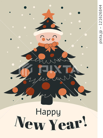 Retro New Year Holiday Greeting Card featuring a beautiful Christmas Tree design 121626844
