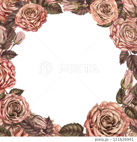 Frame of roses in a trendy mocha mousse color. Pink-brown clipart. Botanical template for wedding, Valentine's Day, mother's day, women's day, gift, textile, tableware, card, stickers, scrapbook 121626941