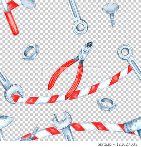 Red and white striped ribbons intertwined with silver bolts and wrenches in a seamless watercolor pattern. Perfect for craft paper, seasonal DIY designs, and creative digital backgrounds Red and white striped ribbons intertwined with silver bolts and wrenches in a seamless watercolor pattern. Perfect for craft paper, seasonal DIY designs, and creative digital backgrounds 121627035