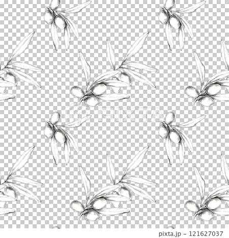 Olives and olive branches sketched in pencil. Minimalistic drawing seamless pattern. This illustration is ideal for home decor, textiles, or wallpaper, adding an organic botanical element 121627037