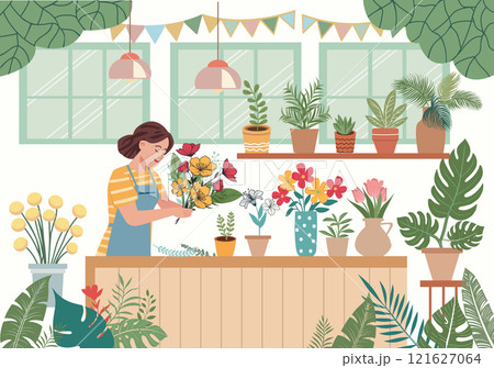 Flower shop interior with plants and flowers in pots and vases 121627064