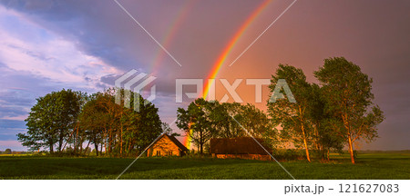 A stunning double rainbow arcs over a serene landscape, captivating viewers with its vibrant colors A stunning double rainbow arcs over a serene landscape, captivating viewers with its vibrant colors 121627083