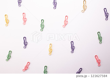 Music notes on white background. International music day. Flat lay. Copy space 121627384