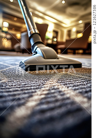 Low-angle shot of vacuum cleaner on patterned carpet 121627386