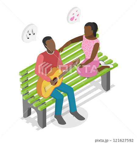 3D Isometric Flat Vector Set of Romantic Couples, Lovers Talking on a Bench. Item 1 121627592