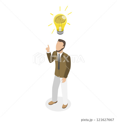 3D Isometric Flat Vector Illustration of Thinking About a Solution, Happy Inventor. Item 2 3D Isometric Flat Vector Illustration of Thinking About a Solution, Happy Inventor. Item 2 121627667