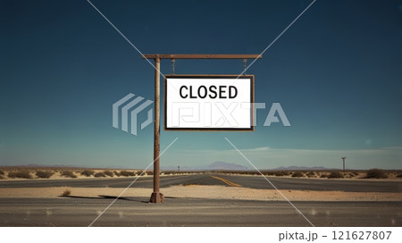 A rustic sign stands alone in a barren landscape, reading "CLOSED" in bold letters, evoking a sense of desolation and abandonment in the vast desert surroundings 121627807