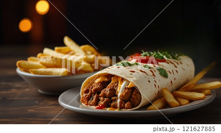 A delicious meal features a soft tortilla filled with flavorful meat, cheese, and fresh toppings, served alongside crispy fries, exemplifying comfort food indulgence. 121627885