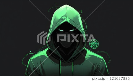 A hooded figure in a dark setting exudes mystery with glowing green accents, surrounded by faint digital symbols, creating a futuristic aura.  121627886