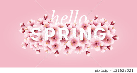 Hello Spring Text Surrounded by Cherry Blossom Flowers on a Pink Background Hello Spring Text Surrounded by Cherry Blossom Flowers on a Pink Background 121628021
