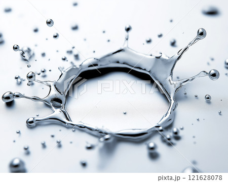 Splash of metallic silver liquid captured mid-motion with droplets scattering 121628078