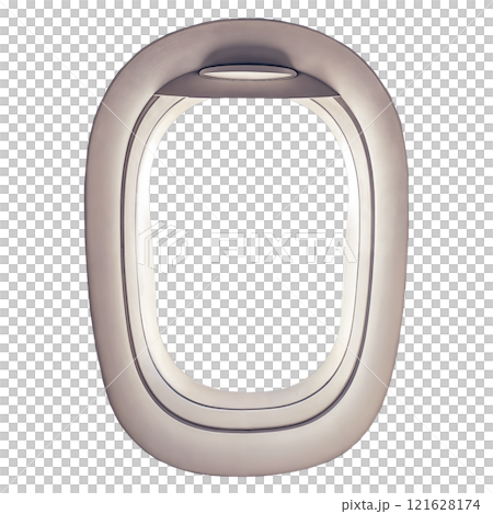 An image depicting an airplane window set against a white backdrop 121628174