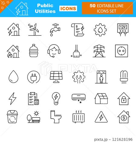 Public Utilities outline icons with editable stroke collection. Includes Water, Fuel, Electricity, Solar House Public Utilities outline icons with editable stroke collection. Includes Water, Fuel, Electricity, Solar House 121628196