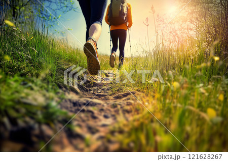 Young Travelers Hiking on Scenic Trail with Backpacks in Lush Green Landscape Under Sunlight 121628267