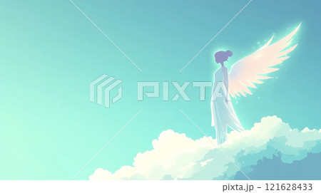 Angelic woman with wings stands on clouds in a clear sky 121628433