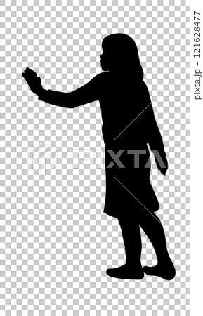 Full body silhouette of a woman stretching her hands sideways Full body silhouette of a woman stretching her hands sideways 121628477