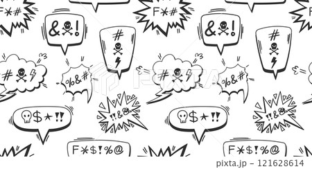 Seamless pattern of comic-style speech bubbles with symbols and icons for anger or expletives. Hand-drawn black doodles on white background. Pop art and expression concept for design and print Seamless pattern of comic-style speech bubbles with symbols and icons for anger or expletives. Hand-drawn black doodles on white background. Pop art and expression concept for design and print 121628614