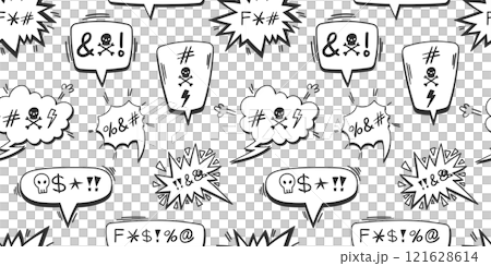 Seamless pattern of comic-style speech bubbles with symbols and icons for anger or expletives. Hand-drawn black doodles on white background. Pop art and expression concept for design and print Seamless pattern of comic-style speech bubbles with symbols and icons for anger or expletives. Hand-drawn black doodles on white background. Pop art and expression concept for design and print 121628614