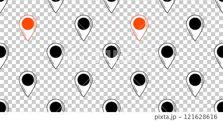 Seamless pattern of black and red location pins on white background. Hand-drawn doodle style. Map navigation concept for design and print Seamless pattern of black and red location pins on white background. Hand-drawn doodle style. Map navigation concept for design and print 121628616