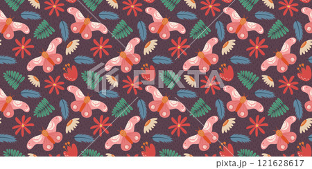 Seamless Butterfly and Floral Pattern with Hand-Drawn Botanical Motifs in Vibrant Colors on a Dark Purple Background Perfect for Fabric, Wrapping Paper, and Stationery 121628617