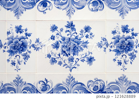 Typical old tiles of Portugal, detail of a classic ceramic tiles azulejos 121628889