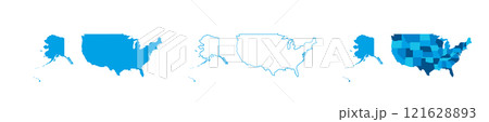 United States of America set of three maps - solid map, outline map and map highlighting administrative divisions. Three distinct maps illustrate various representations of a geographical area. United States of America set of three maps - solid map, outline map and map highlighting administrative divisions. Three distinct maps illustrate various representations of a geographical area. 121628893